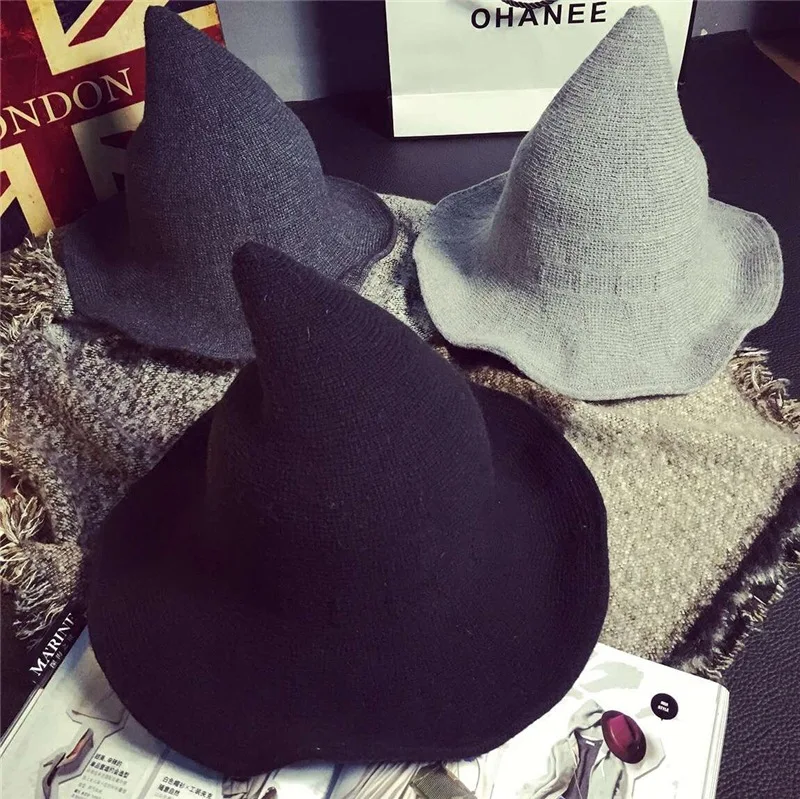 

South Korea Witch Pointed Large Brim Yarn Bowler Hat Korean-style And Winter Hat Children Knitted Wizard Hat Fisherman Bucket Ha