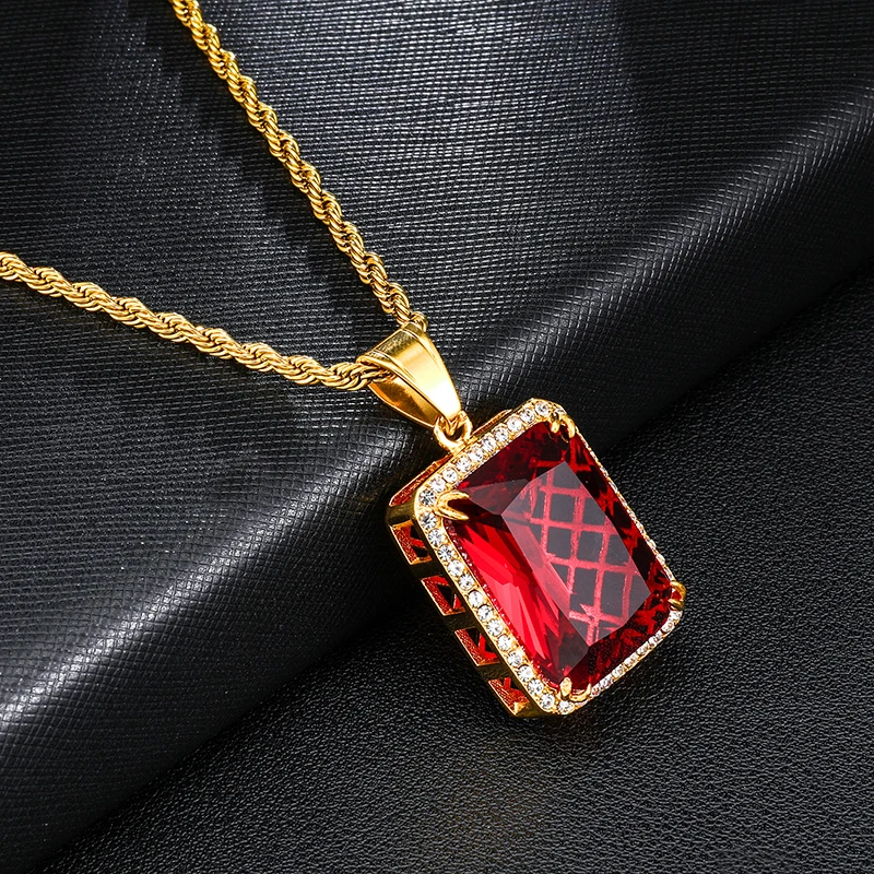 Хип хоп Iced Out Bling квадратный синий красный инкрустированный камнями из нержавеющей стали ожерелье и подвески для мужчин ювелирные изделия с цепочками