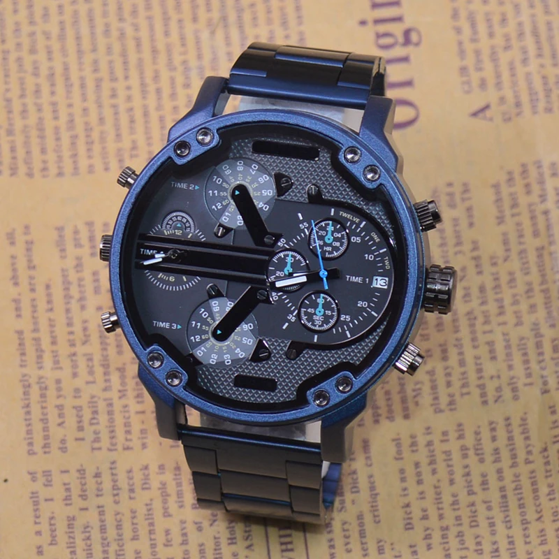 Мужские спортивные кварцевые часы синие часы из алюминиевого сплава с двойным часовым поясом военные наручные часы с большим циферблатом экстравагантный бренд