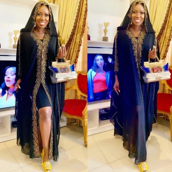 

Africa Women Clothing Dashiki Dress 2 Pieces Set Plus Size Golden Out Dress Elegant Sexy Elastic Inner Dress Bazin Riche