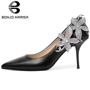 

BONJOMARISA New Ladies Party Genuine Leather Pumps Elegant Appliques Shallow Pumps Women Wedding High Heels Shoes Woman