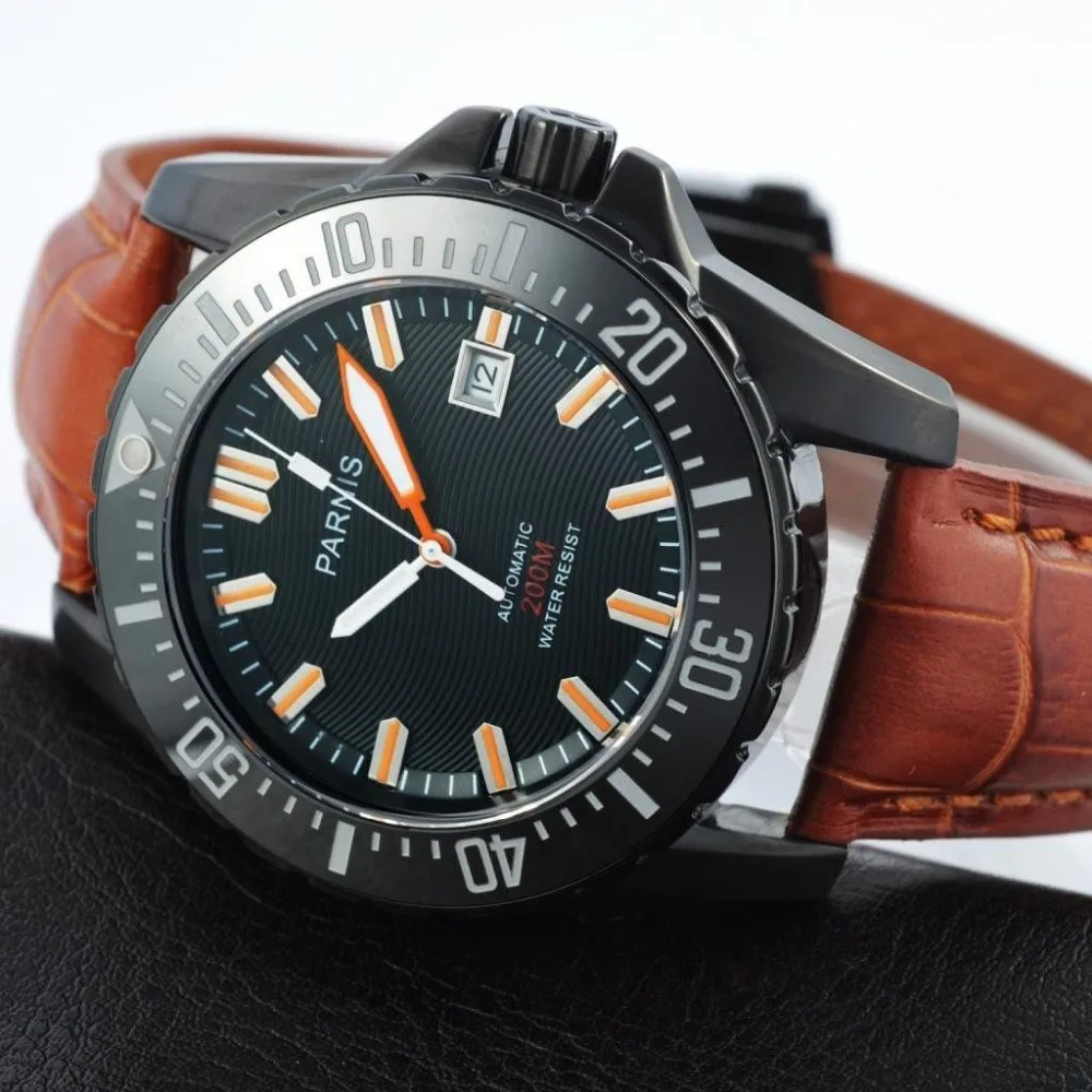 Parnis 44 мм, черный чехол, автоматические мужские часы для ныряльщиков, водонепроницаемые, 200 м, металлические механические мужские часы