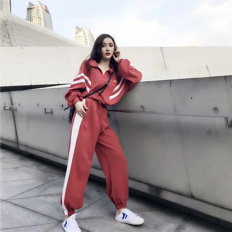

2019 Women Two Piece Set Short Top and Pants Streetwear Tracksuit Woman Zipper Patchwork 2 Piece Outfits Casual Trousers Suit