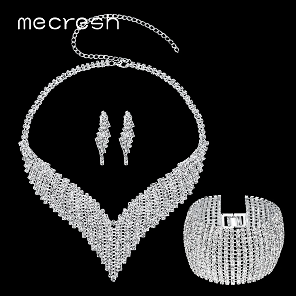 Mecresh Кристалл африканские Ювелирные наборы серебряный цвет геометрические Стразы наборы ожерелий для невесты для свадебной вечеринки Рождество TL011