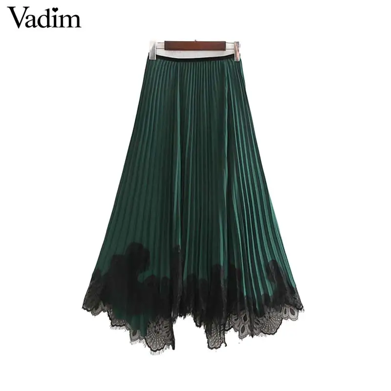 Vadim women chic lace patchwork chiffon pleated skirt elastic waist irregular design female casual green midi skirts BA819