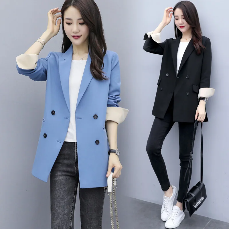 

2019 Autumn Loose-Fit Coat Versatile Long Sleeve Suit Solid Color Slim Fit Mid-length Small Suit WOMEN'S Casual Top