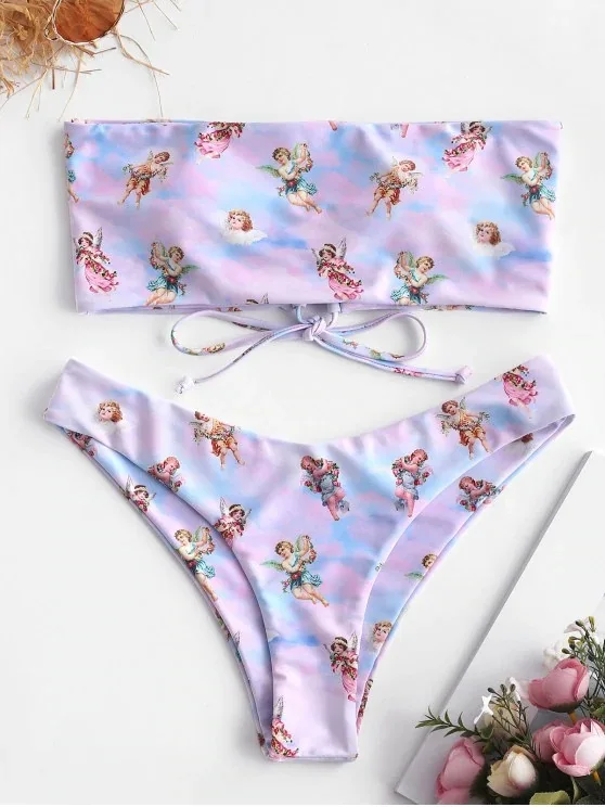 

2 Piece Swimsuit Women Floral Printed Sexy Bathing Suits Bikini Push Up High Cut Bathing Suit Beach Wear Strapless Biquni
