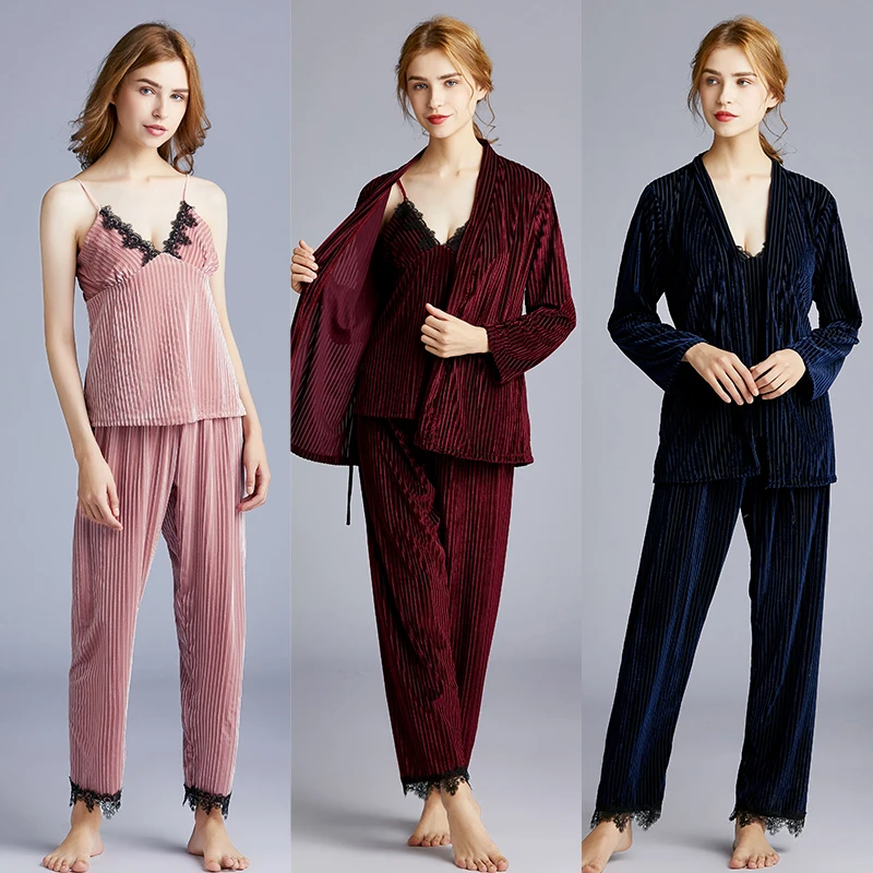

New three-piece pajamas women's autumn and winter long-sleeved home service sexy strap trousers gold velvet suit S113