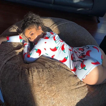 

Sexy Women Stretch Button Deep V Neck Bodycon Sexy Lingerie Long Sleeve Print Sleepwear Jumpsuit Romper Bodysuit Leotard