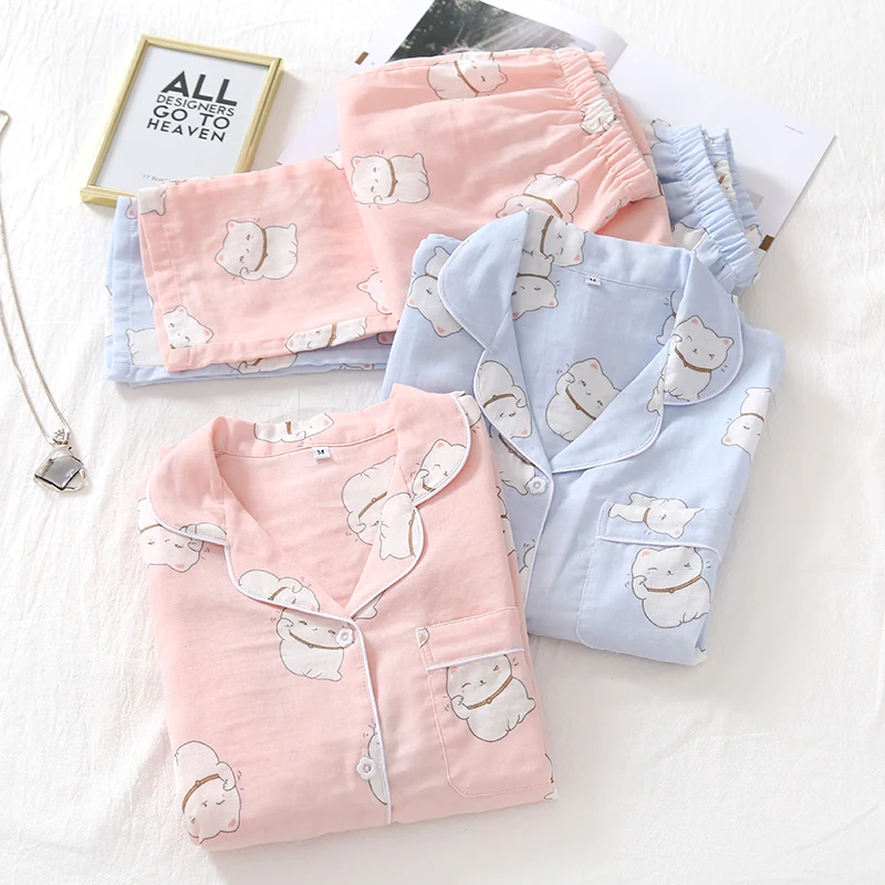 

Spring / Summer 2021 new 100%Pure cotton yarn cloth long-sleeved trousers ladies pajamas suit simple style long pajamas
