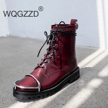 

Bottes femme new winter shoes women's ankle boots genuine leather metal decoration Motorcycle boots women's shoes zapatos mujer
