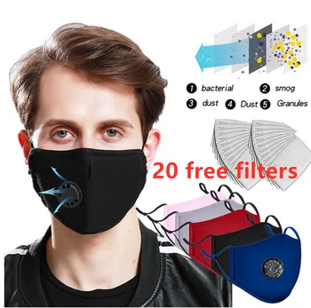 

20 Filters Cotton Face Mask Breath Valve PM 2.5 Mouth Mask Anti-dust Activated Carbon Mask With Filter Reusable Respirator