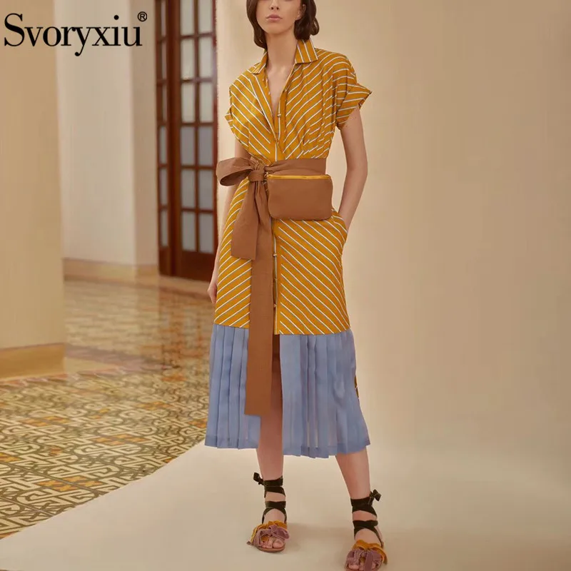 

Svoryxiu Designer Summer Party Cotton Dresses Women's Short Sleeve Stripe Printed Patchwork Pleated Midi Dress + Waist pack