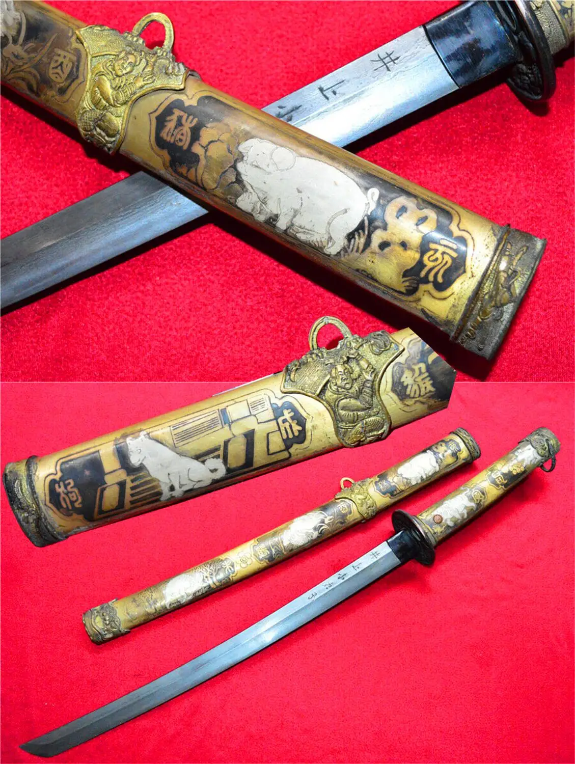 Японский меч Wakizashi катана дамасская сталь лезвие медная оболочка W животное|Мечи|