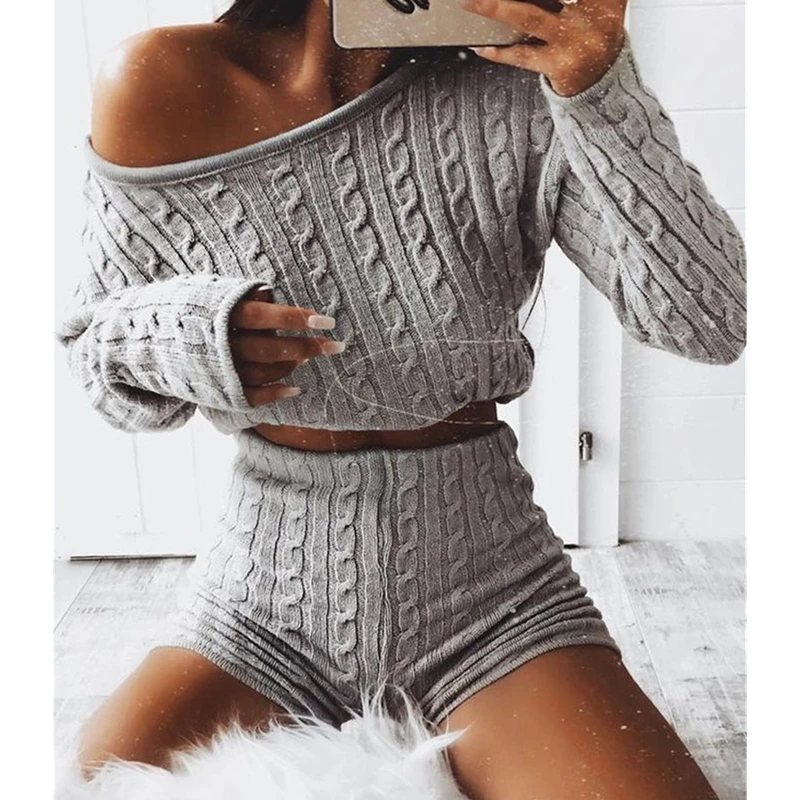 Fashion 2Pcs Women's Knitted Pullover Sweater + Short Pants Casual Long Sleeve Knitwear Jumper Tops Tracksuit Set Sleepwear |