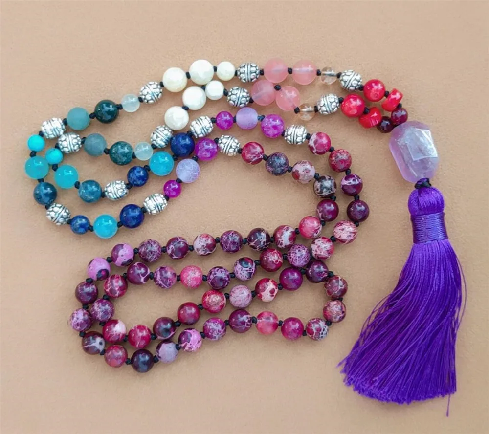 

8mm 108 Purple Imperial Jasper Gemstone 7 Chakra mala Necklace Chic Lucky Classic Buddhism Wrist Bracelet Bless Fancy Colorful