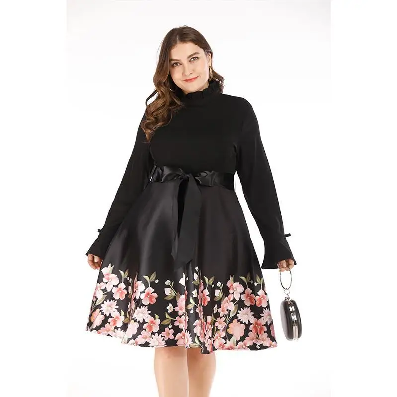 

XL-5XL 2019 Autumn Retro Plus size Dress Casual Women Floral Printing Long Sleeve Dress Large Size Turtleneck Black Party Dress