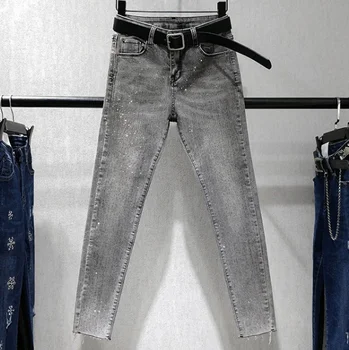 

Plus Size Pencil Pants Women Grey Jeans Hot Drill Stretch Denim Pants Jean Femme Nancylim