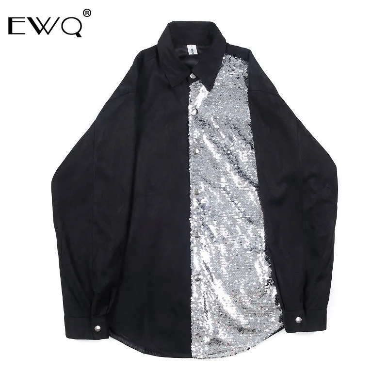 EWQ/ Весенняя новинка, Мужская одежда, дизайнерская, с блестками, Лоскутная, свободная рубашка, большой размер, повседневные топы для мужчин 9Y21301