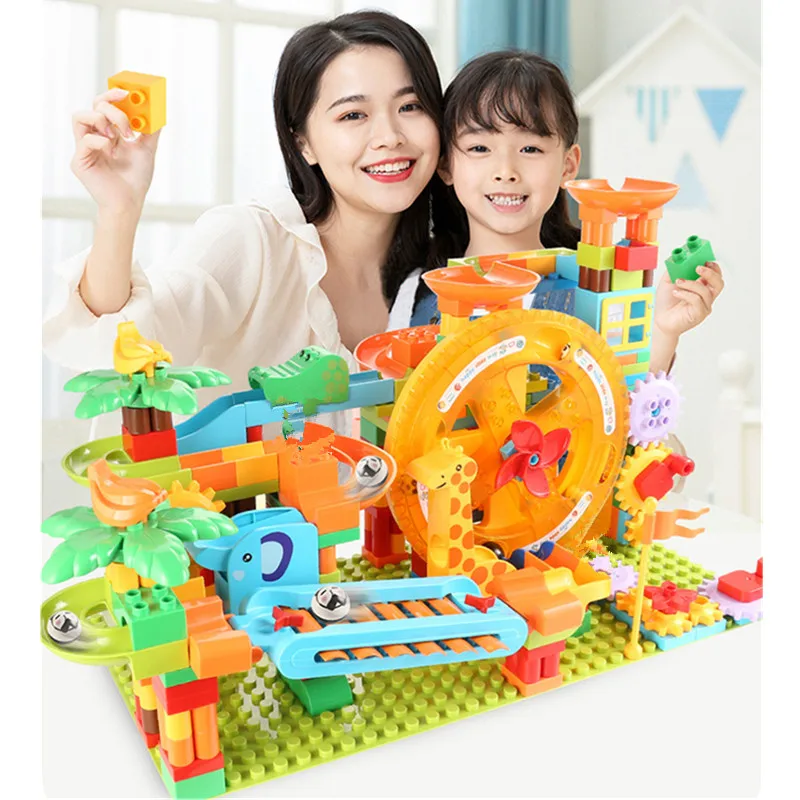 Big Marble Race Run Blocks Wheel Coaster Maze Slide Ball Track Building Blocks Assembly Kids Educational Gift Toys (No Plate)