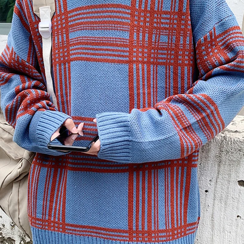 Winter New Sweater Men Warm Fashion Retro Casual O-neck Sweater Pullover Man Streetwear Loose Plaid Sweter Male Clothes M-2XL