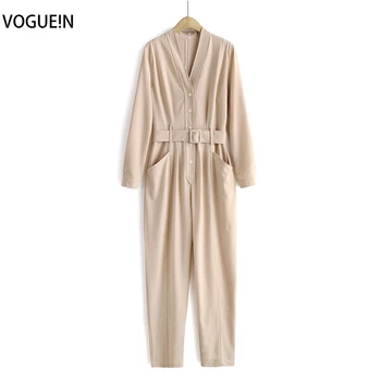 

VOGUEIN New Womens Solid Beige V-Neck Elegant With Belt Long Sleeve Playsuit Jumpsuit Wholesale
