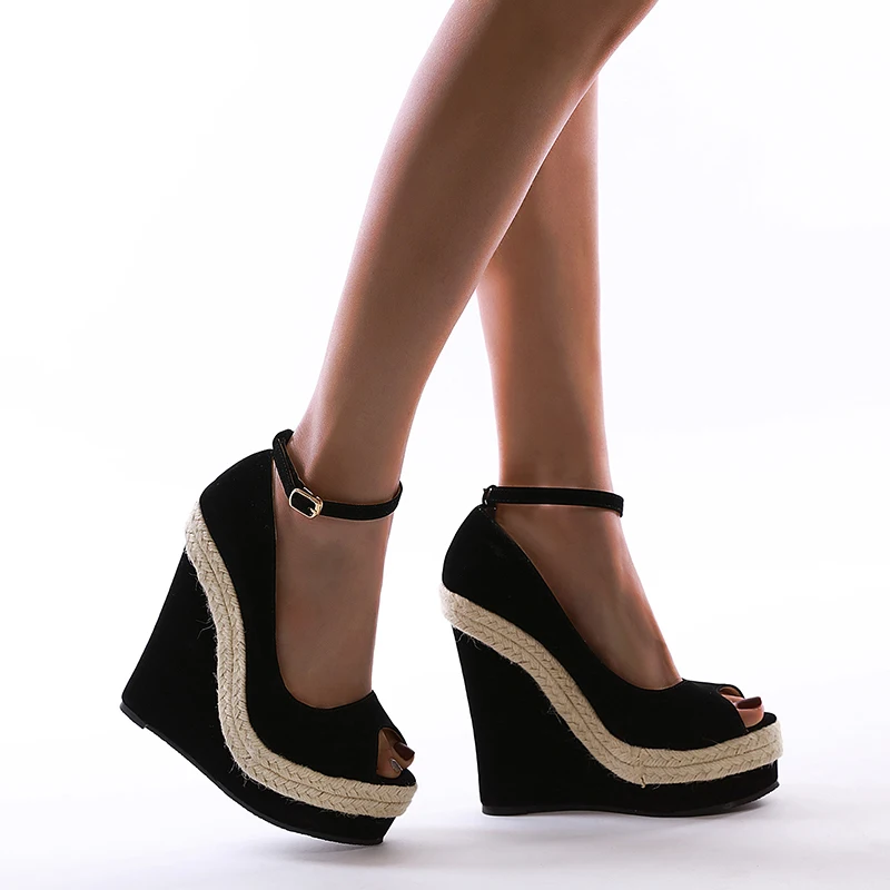 

Summer Sexy Hemp Rope Gladiator Shoes Peep Toe Wedge Sandals Platform High Heels 16cm Buckle Plus Size 35-42 Roman Shoes Women