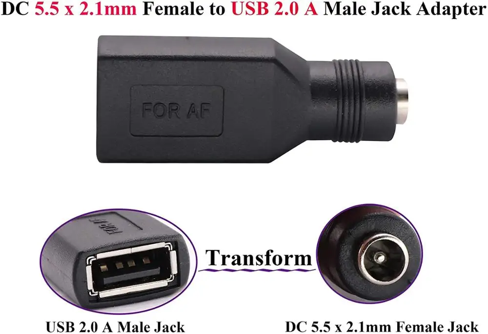 2pack USB 2.0 A Female to DC 5.5x2.1mm DC Connector Charge Barrel Jack Power Adapter USB 5V Connector or Charging Device