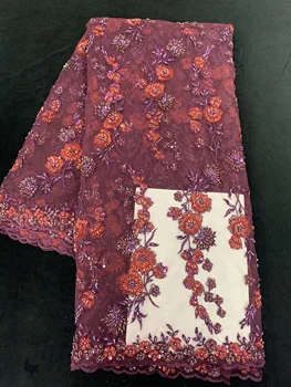 

5 Yards New Arrival Heavy Hand-Made African Net Lace With Beads Embroidery For Dresses & Garment Flower Mesh Tulle Lace Fabric