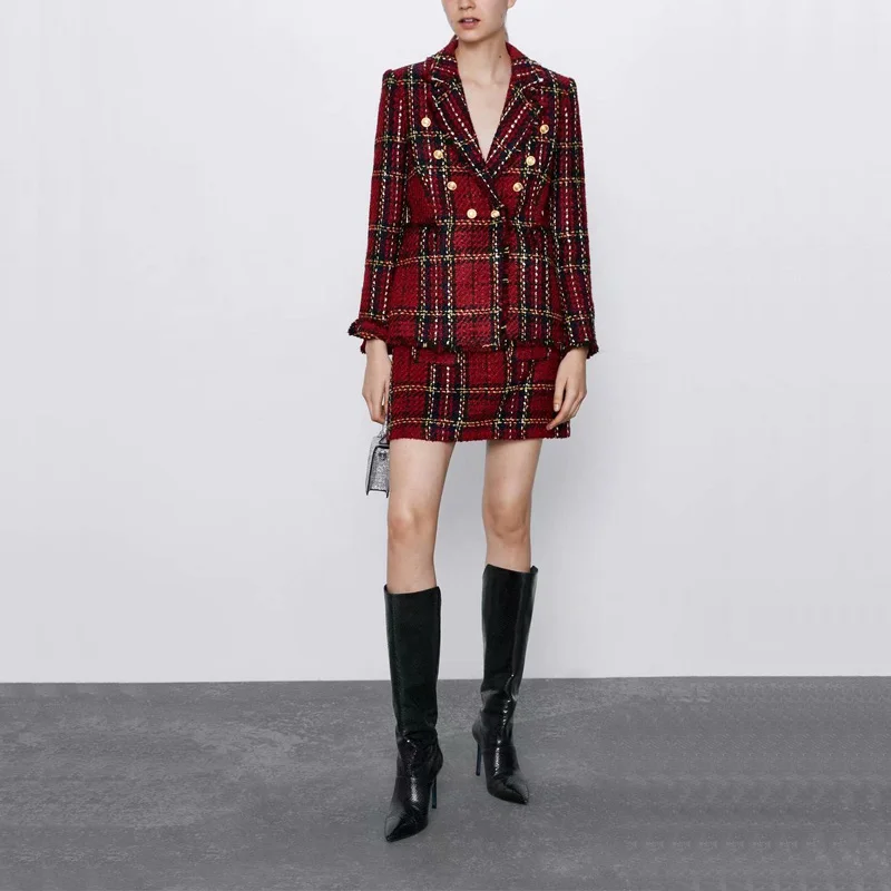 

Autumn women's suit casual lattice tassel decoration double-breasted suit + skirt suit
