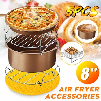 

5pcs Air Fryer Accessories8 Inch Fit for Airfryer 5.3-5.8QT Baking Basket Pizza Plate Grill Pot Kitchen Cooking Tool for Party