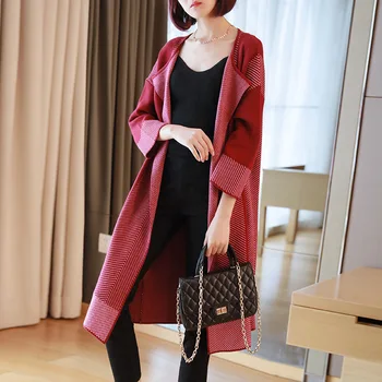 

Autumn New Red Solid Cardigan Knitted Sweater Women Three Quarter Sleeve Open Stitch Casual Sweters Women Loose Mujer