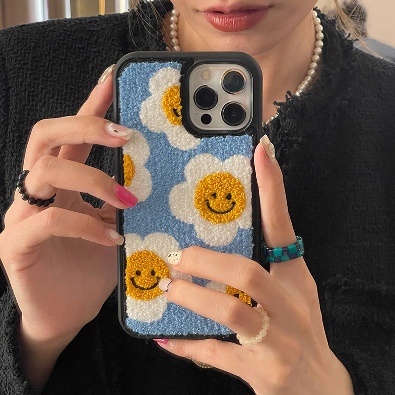 Japan Korean Winter Plush Embroidery Sun Flower Soft Case For IPhone 7 8Puls X XR XS 11 13 12 Pro Max Lovely Protection Cover | Мобильные