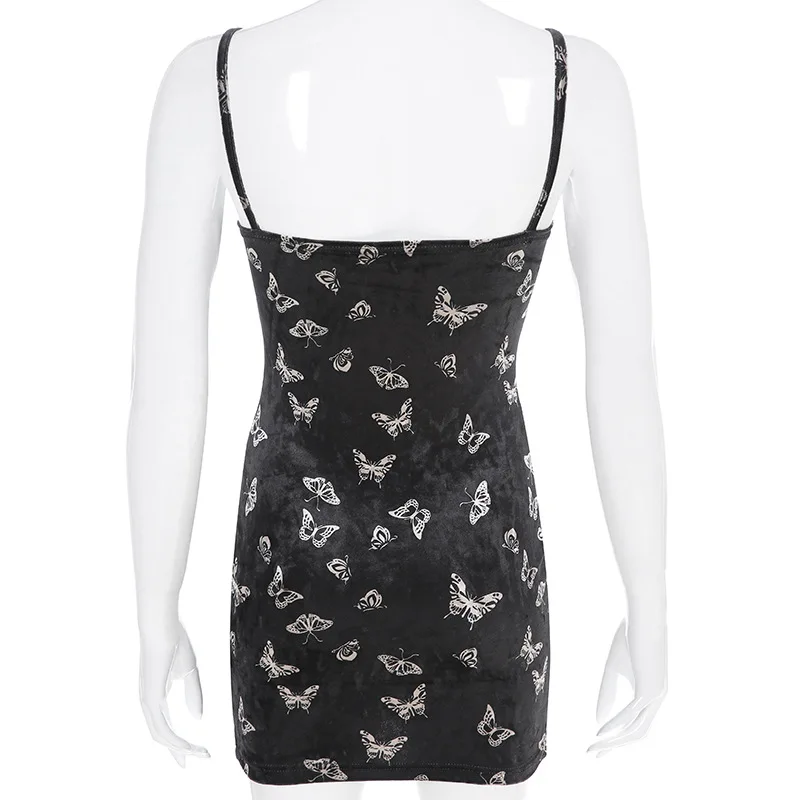 Goth Dark Harajuku Black Dress Women Gothic Spaghetti Strap Backless Off Shoulder Dresses Female Fashion Casual Print Sexy Dress