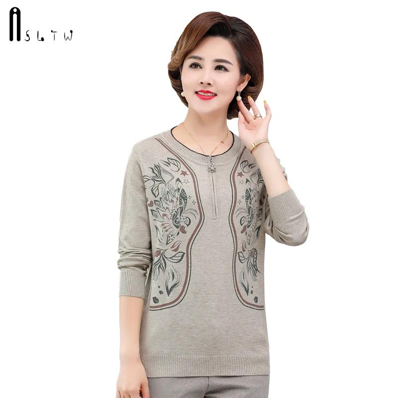

ASLTW Geometric Women Sweater New Autumn Zipper Pullover Knitwear Long Sleeve High Elasticity Pull Femme Print Sweater Women