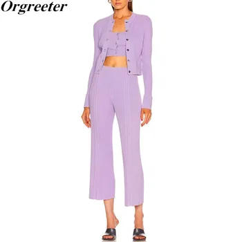 

Runway Design Knitted 3 Piece Sets Purple Metal Button Cardigan coat + Short Vest + High Waist Thread Knitted Wide leg Pants Set