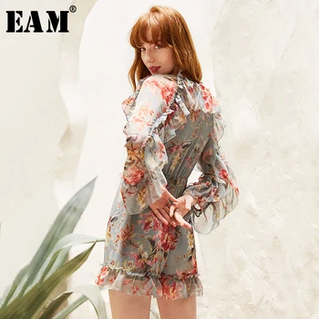 

[EAM] 2020 New Spring Autumn High Waist Ruffles Split Joint Pattern Printed Loose Pants Women Playsuits Fashion Tide JW514