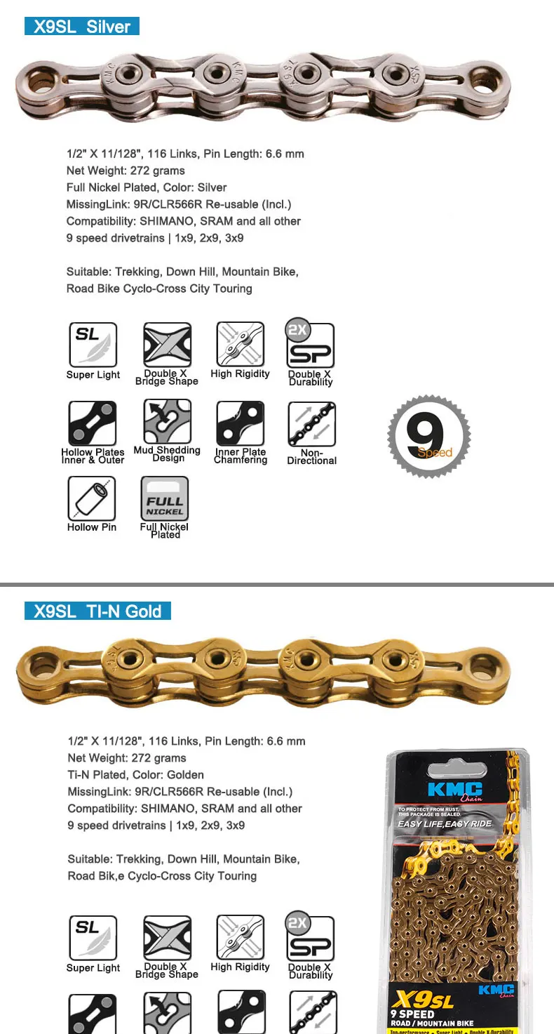 KMC велосипедная цепь Z9 X9 X9SL MTB дорожный велосипед 9 скоростей Z X Мост цепь треккинг коммутационный цикл W/оригинальные MissingLinks разъемы
