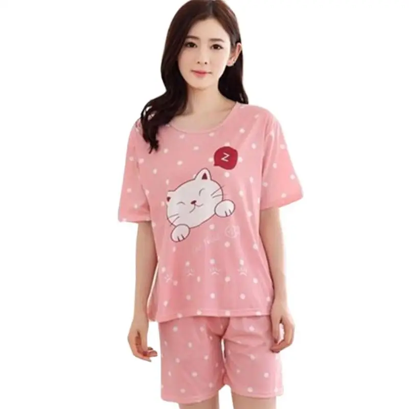 Комплект летних пижам в Корейском стиле с милым круглым воротником, в клетку, с медведем, для женщин, свободная версия, короткий рукав, 2 шт., домашний костюм, одежда для сна - Цвет: Polka Dot Cat