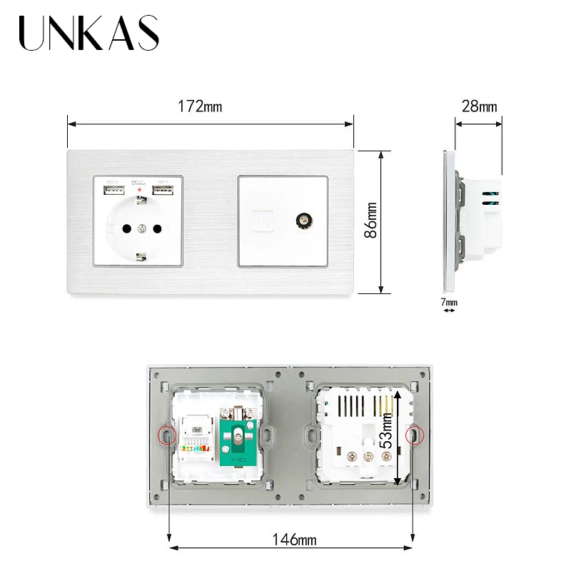 UNKAS 1 Gang EU алюминиевая металлическая панельная Розетка с USB + RJ45 Интернет разъем ТВ