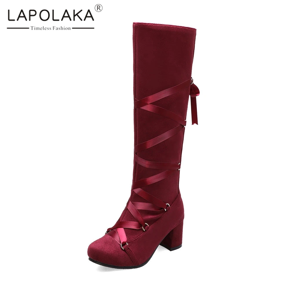 

Lapolaka New Plus Size 34-48 Ladies High Chunky Heels Fashion Nuckle Cross Tied Shoes Woman Party Office Mid Calf Boots Women