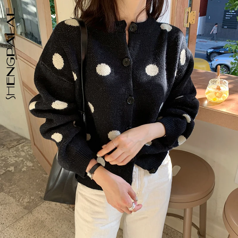 

SHENGPALAE 2020 New Fashion Spring Round Collar Single Breasted Contrast Point Knit Cardigans Women Loose Casual Sweater FV217
