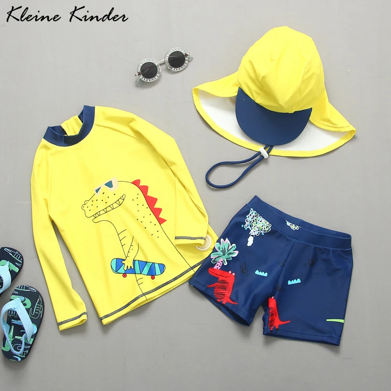 Children Swimming Suit Dinosaur Print Boys Swimwear Long Sleeves Yellow UPF50+ UV Swimsuit Boy Bathing Suit Kids 2-11T