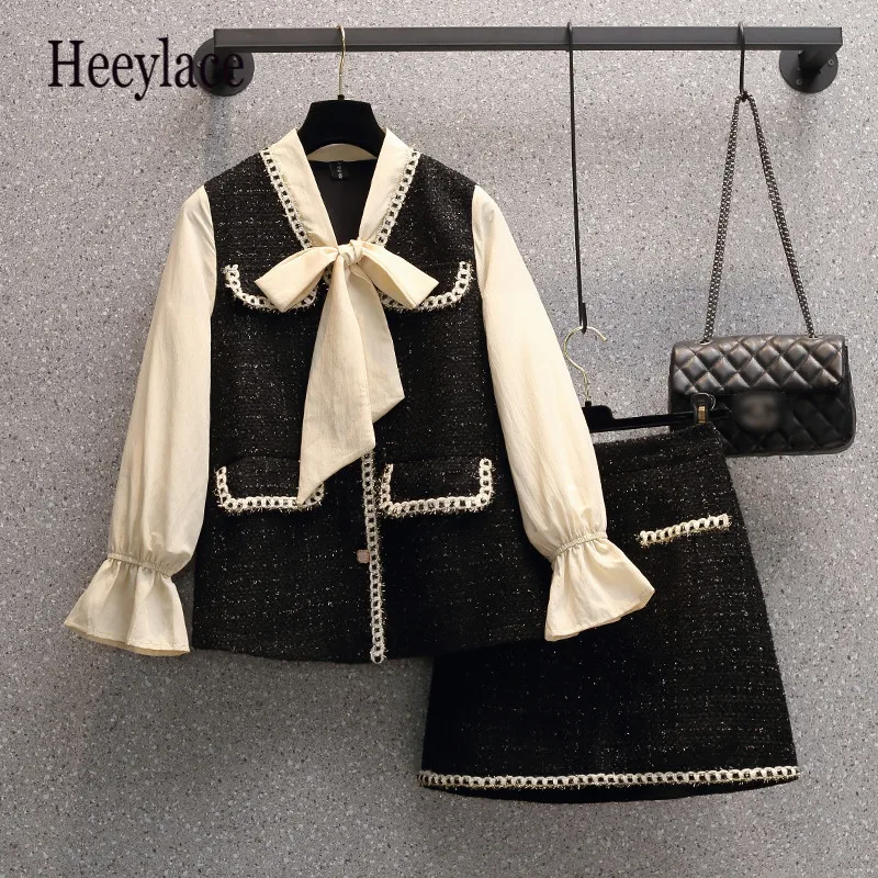 

Office Ladies Elegant Two Piece Set Women Autumn French Vintage Bow Collar Long Sleeve Tweed Coat And Mini Skirt Sets