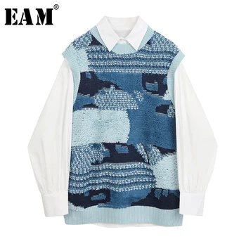 

[EAM] Women Jacquard Knitting Split Big Size Blouse New Lapel Long Sleeve Loose Fit Shirt Fashion Tide Spring Autumn 2020 1Y961