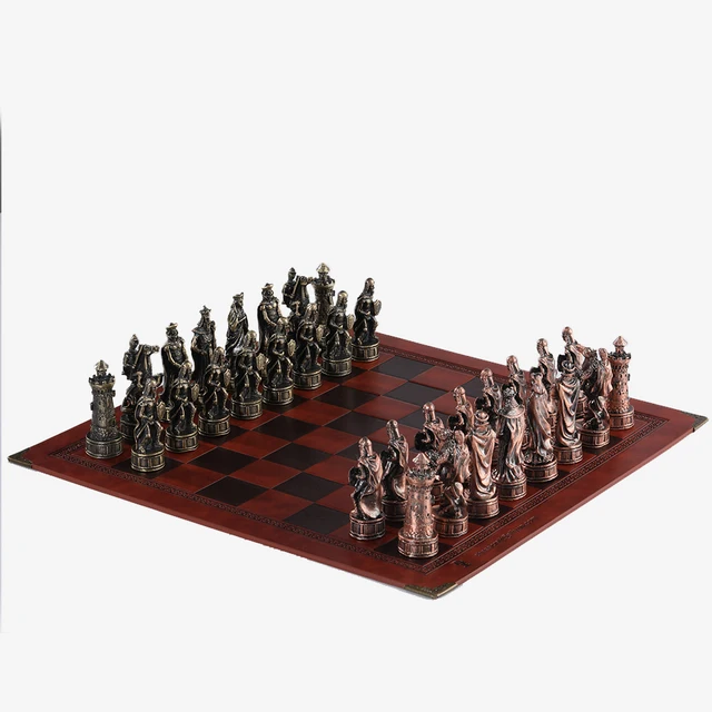 Metal Theme Chess 32pcs IntelligencLuxury Knight Table Game Entertainment Toy Leather Board set Gift Dragon Soldier Theme Sports Red chess board