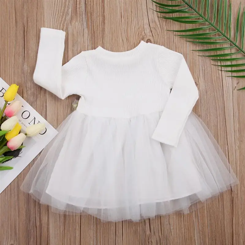 2020 New Baby Girls Dress Sweater Knitting Princess Mesh Floral Cute Dress Long Sleeve Baby Girls Autumn Outfit White Pink Grey