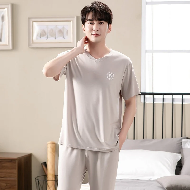 mens silk pajamas 2021 Summer Plus Size Short Sleeve Long Pants Modal Pajama Sets for Men High Quality Sleepwear Suit Pyjama Homewear Home Clothes mens pjs set Men's Sleep & Lounge