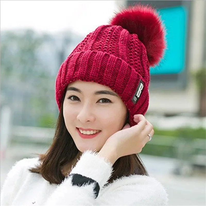 Korean fashion wool hat Knitted hat ladies autumn and winter wild cute hair ball cap thickening ear protection warm hat - Color: wine red