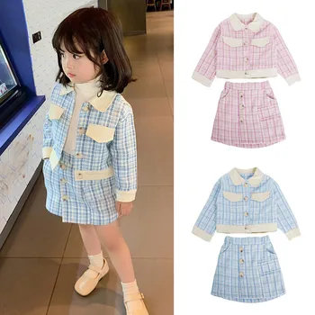 

2-7 Years Elegant Cute Kids Girls Party Clothing Set Toddler Kid Baby Girl Plaid Long Sleve Knitted Coat Girls Dress Clothes
